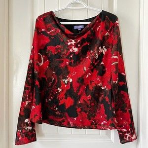 Vivienne Tam NWT Size 8 Red Black Draped Cowl Neck Long Sleeve Top Abstract Art